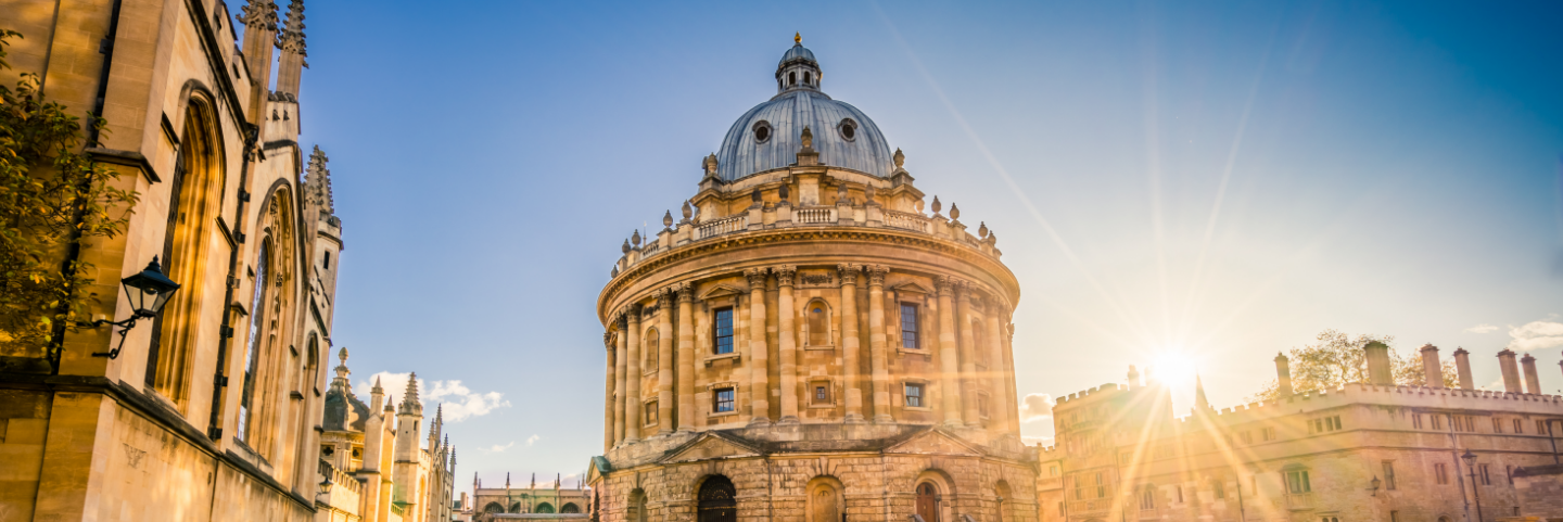 View of the Radcliffe Camera and surrounding areas from a height, and at a distance.