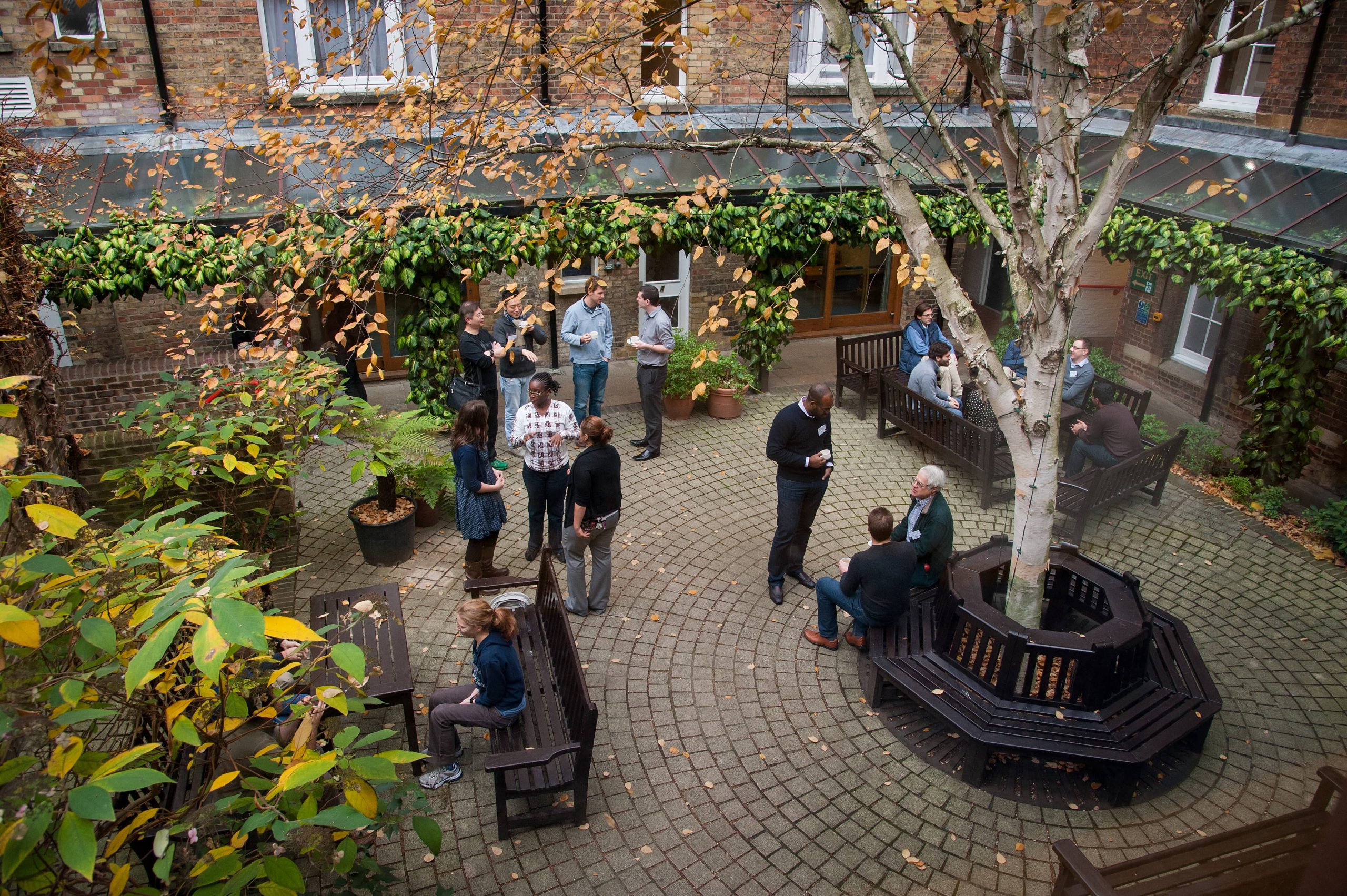 People stood and sat down in the courtyard at Rewley House