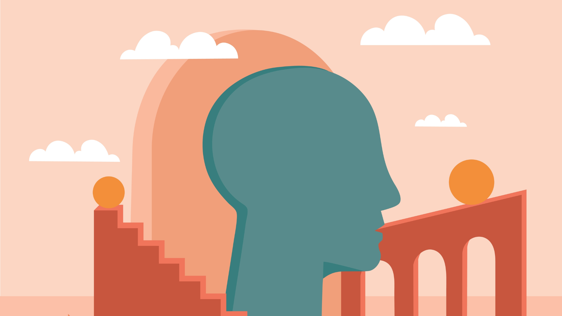 An abstract graphic of a human head silhouette surrounded by a staircase and an arched bridge with circles atop each element.