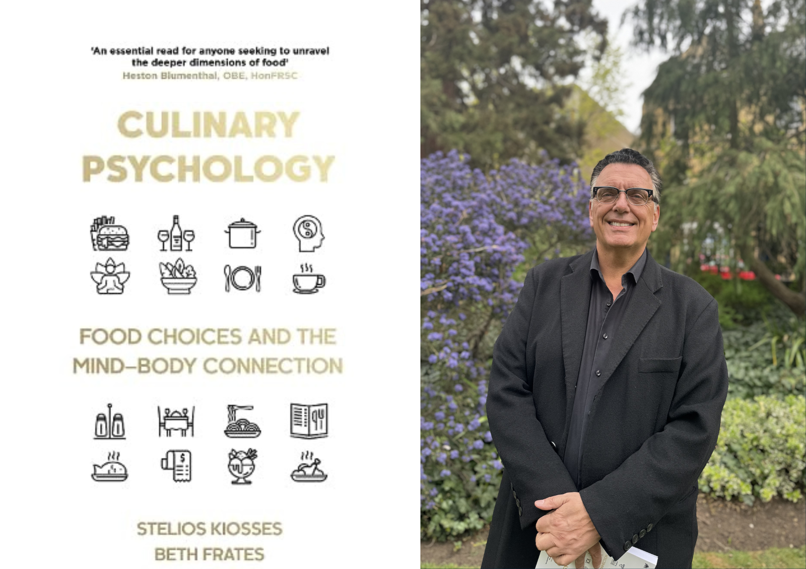 The book cover of Culinary Psychology: Food Choices and the Mind-Body Connection next to a picture of the author, Stelios Kiosses