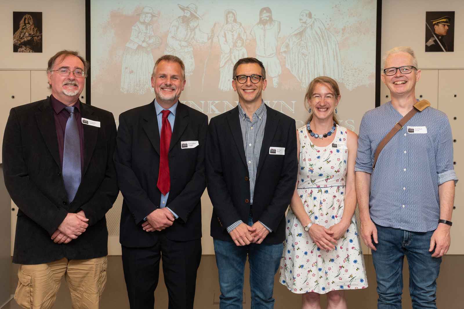 The Civil War Petitions project team at the project launch at the National Army Museum, Chelsea, July 2023. From left to right: Dr David Appleby (University of Nottingham), Professor Andrew Hopper (University of Oxford), Dr Lloyd Bowen (University of Cardiff), Dr Ismini Pells (University of Oxford) and Professor Mark Stoyle (University of Southampton).