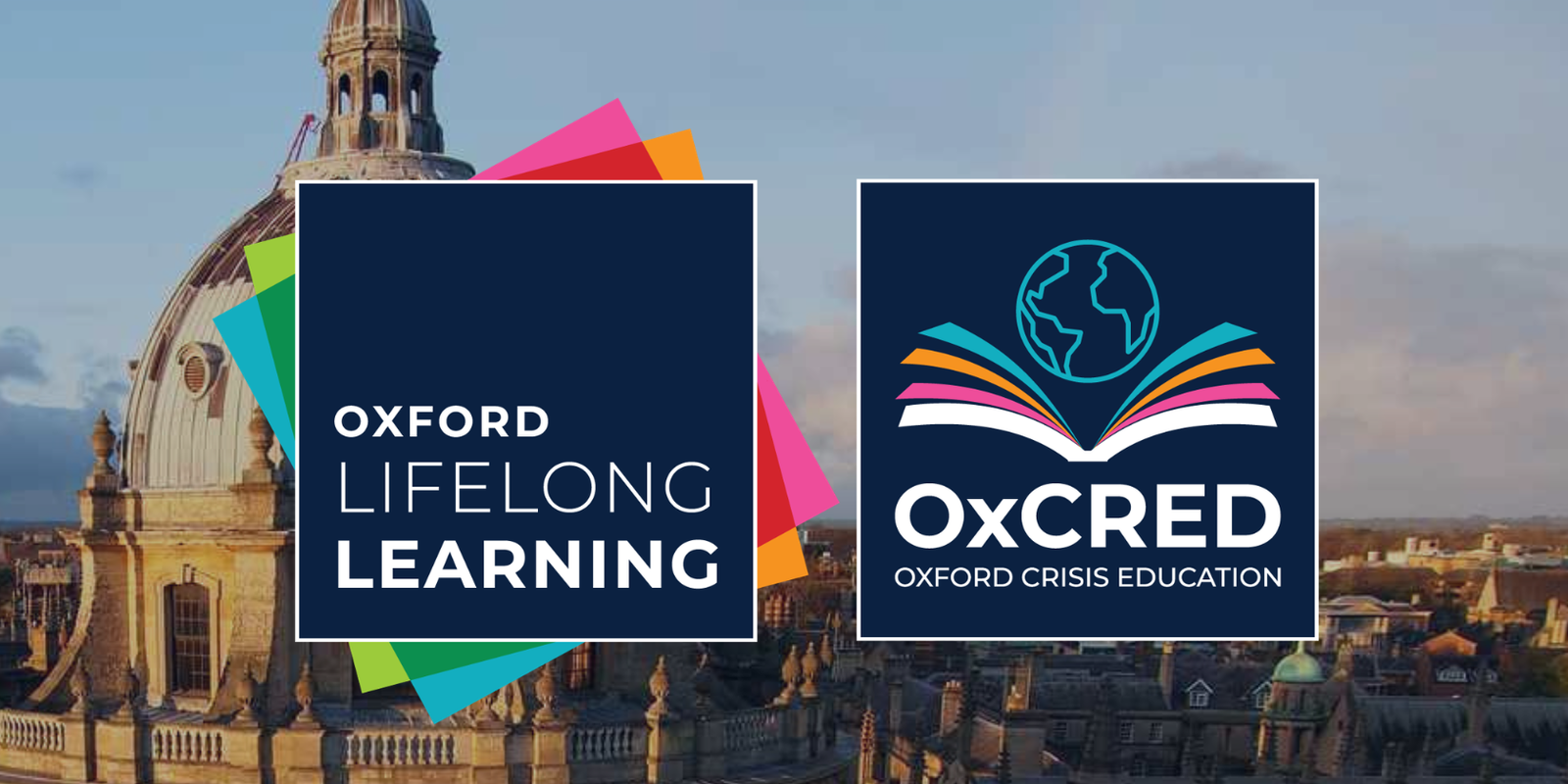 Oxford Lifelong Learning logo next to the Oxford Crisis Education logo over the Radcliffe Camera.