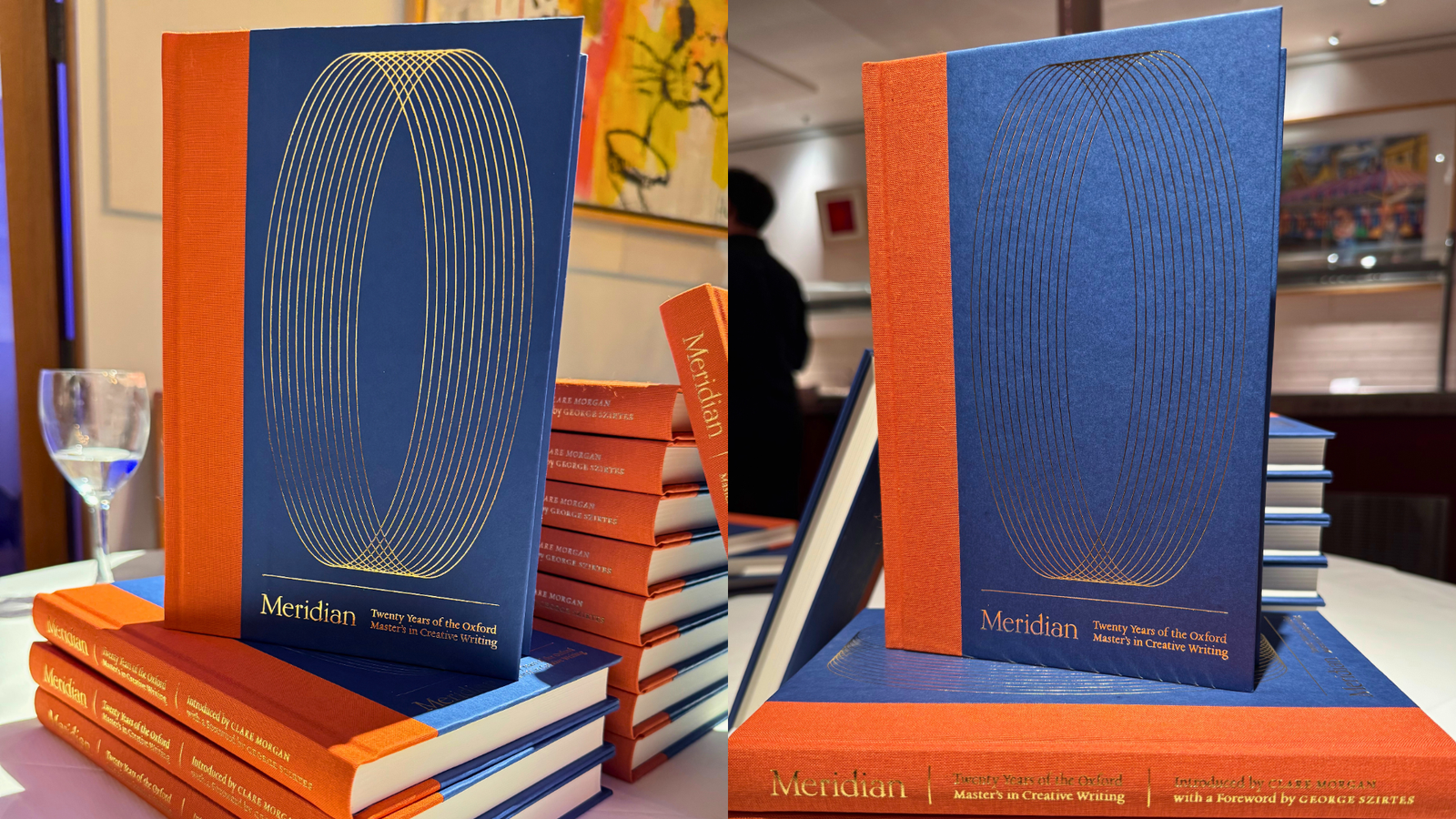 Fresh out-of-the-box copies of Meridian, an anthology of work composed by some of the course's distinguished alumni, celebrating its twentieth anniversary.