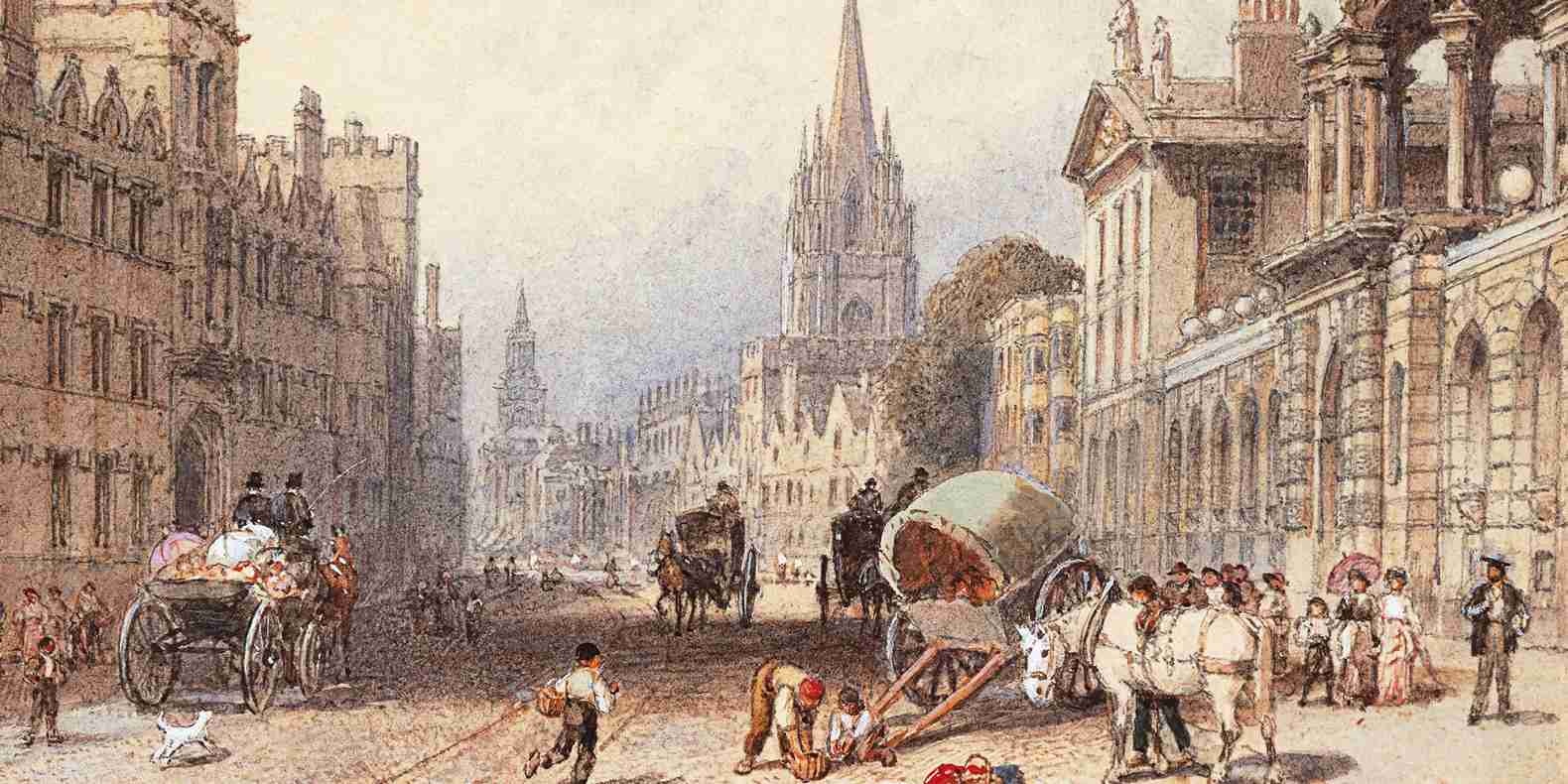 19th century coloured pencil drawing of Oxford High Street.