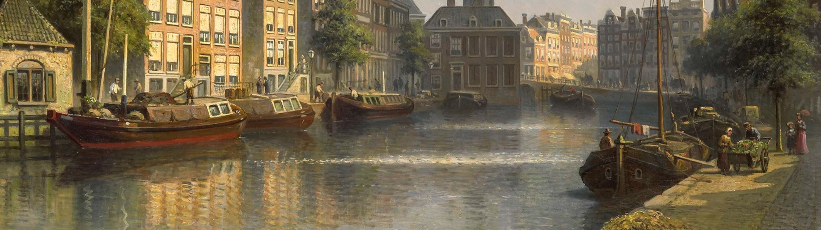 19th century illustration of Amsterdam, looking down Mint canal.