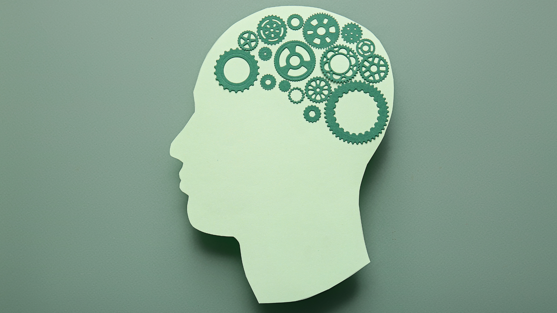 A light green silhouette of a human head against a darker green background, with gears and cogs in the brain region.