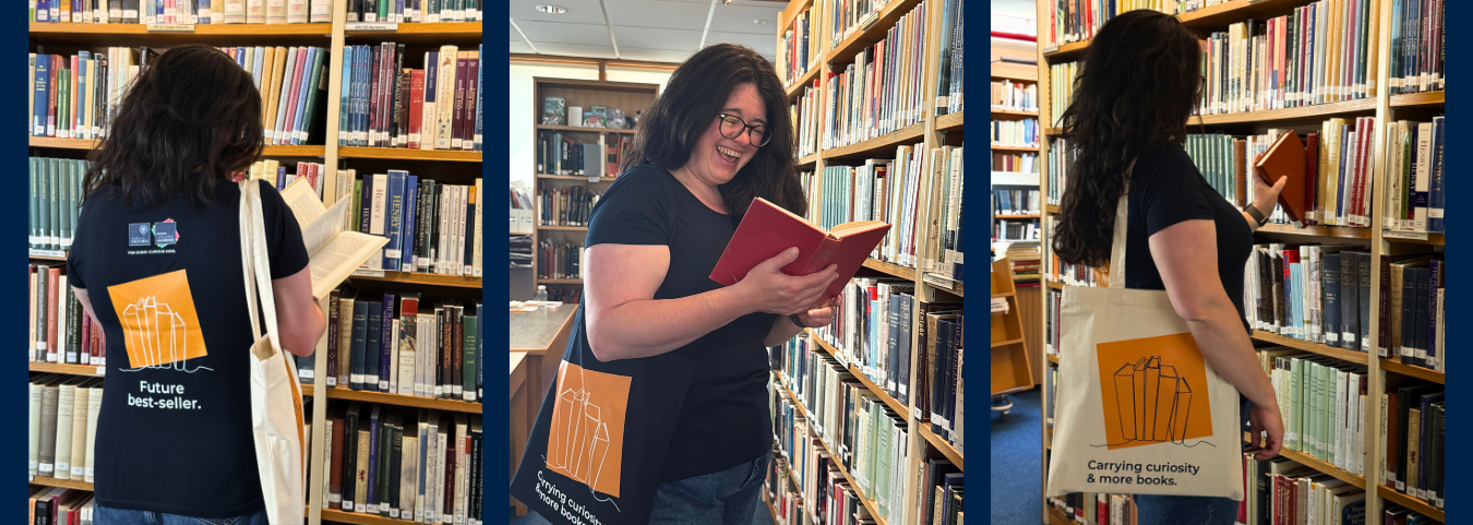 Lucy Ayrton modelling the English Literature and Creative Writing merchandise range in the Rewley House library.