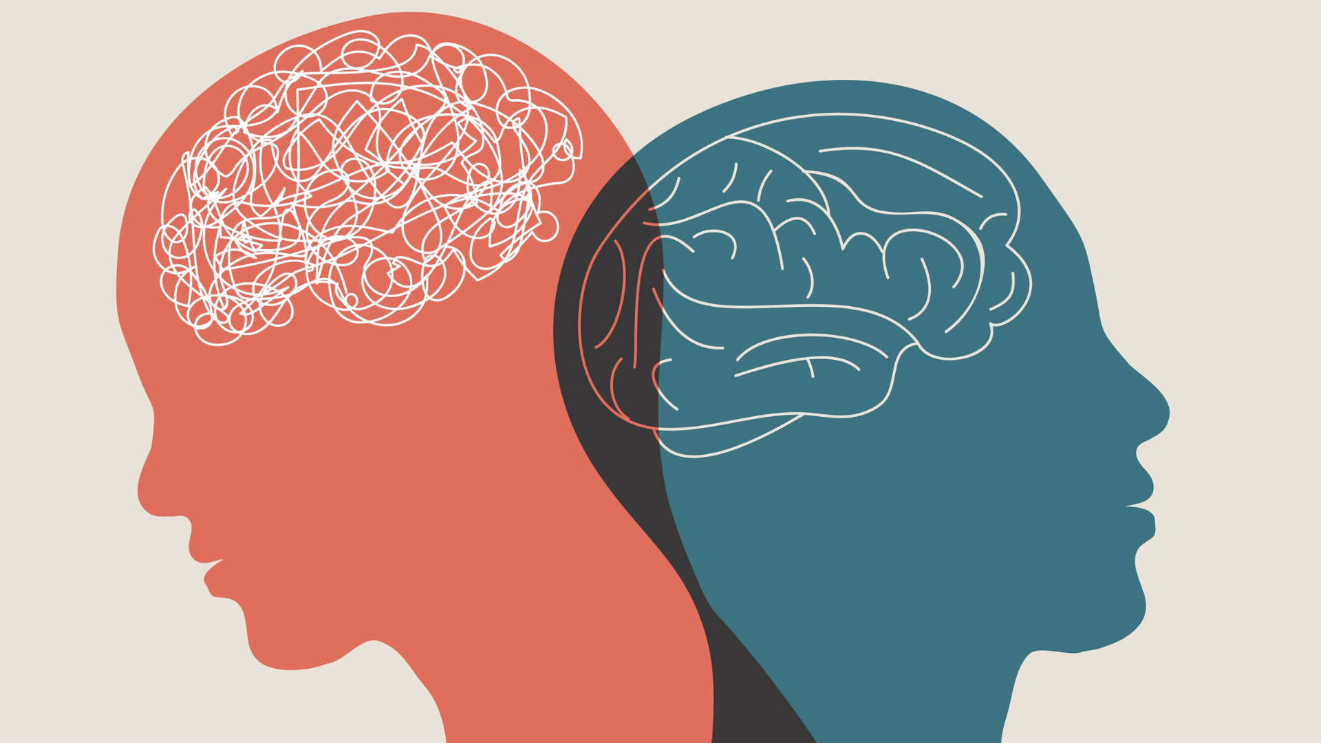Two overlapping human head silhouettes, one pink one blue. One contains a tangled line, the other contains a neat line drawing of a brain.