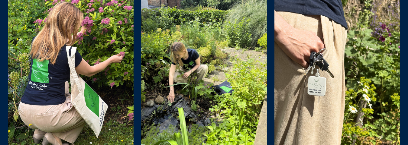 Dr Joanna Bagniewska modelling the Environmental Science merchandise range in the garden.