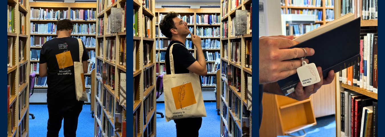 Dr Jonathan Healey modelling the History merchandise range in the Rewley House libary.