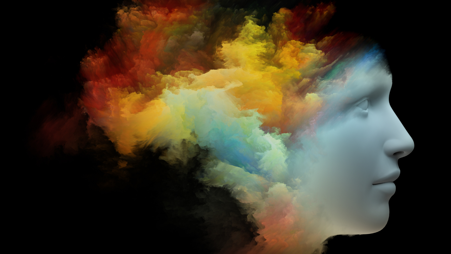 A face emerging from colourful cloud against a black background.