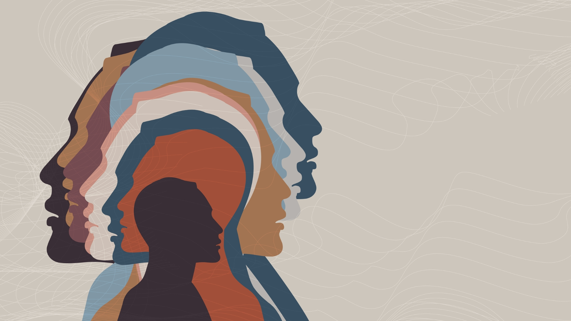 Multiple overlapping silhouettes of human heads in different colours, against a neutral background.