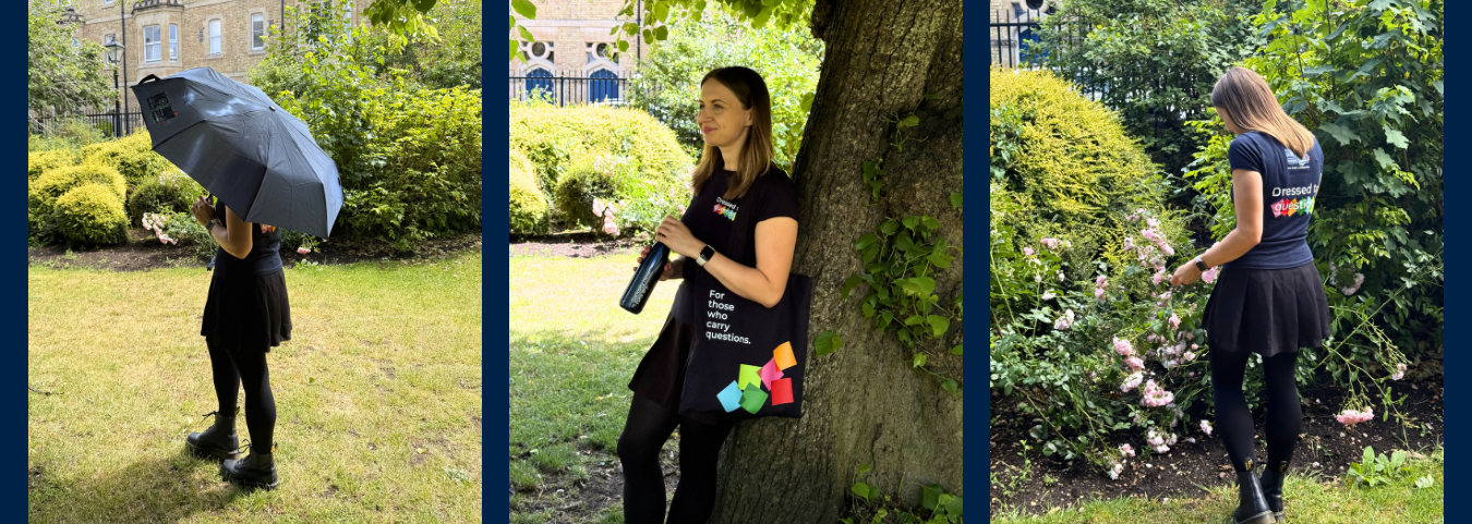 The Oxford Lifelong Learning merchandise range in Wellington Square gardens.
