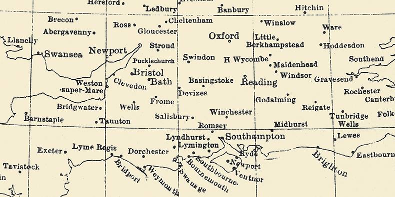 Map of the south of the UK showing Oxford Extension Centres in 1894.